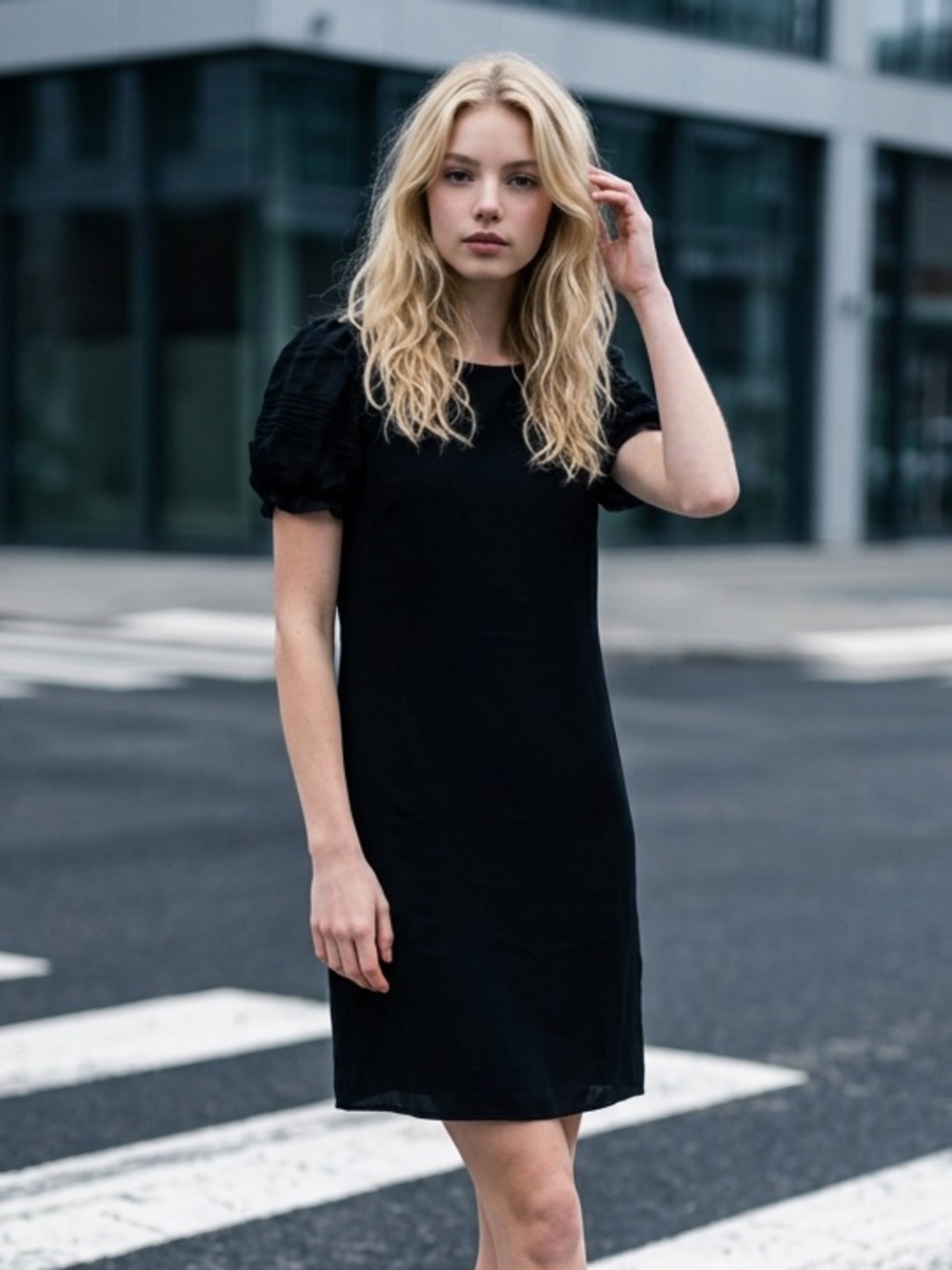 Loft Taylor Black Ponte Puff-Sleeve Shift Dress